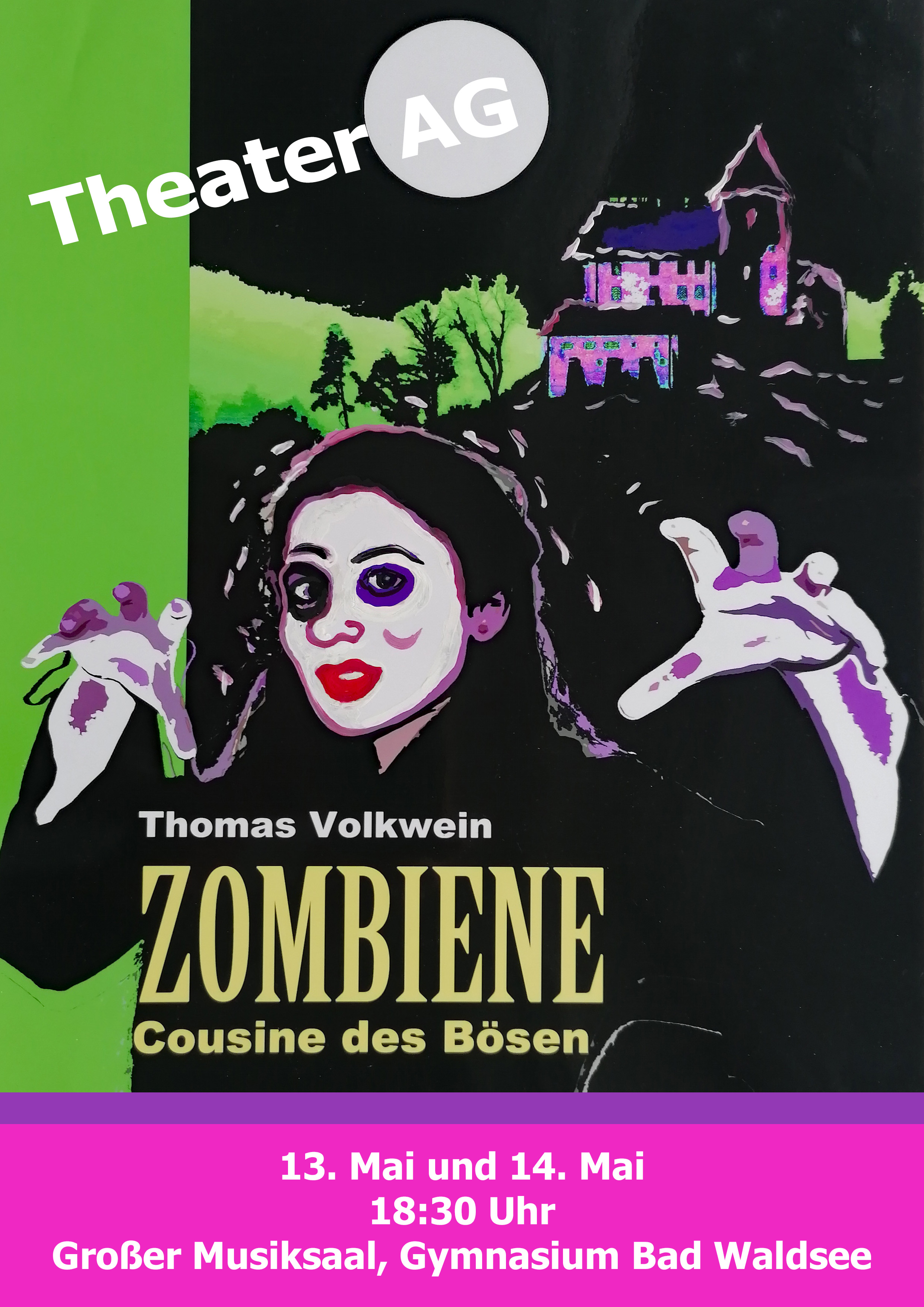 Die Theater AG der Klassenstufe 5 bis 7 zeigt die Gruselkomödie: Zombiene, Cousine des Bösen, 13. Und 14. Mai, 2025, 18:30 Großer Musiksaal